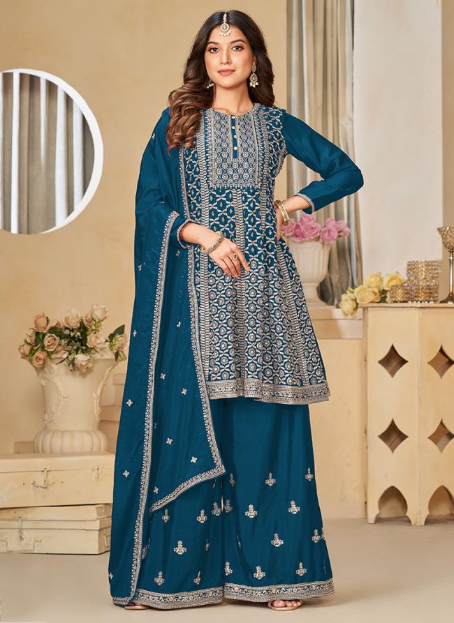 Chinnon Silk Blue Eid Wear Embroidery Work Sharara Suit